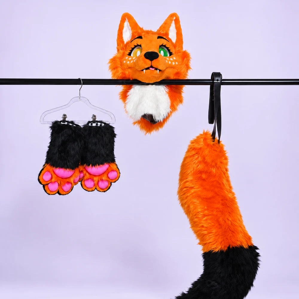 Orange and black partial costume with pink paw pads, AI-retouched example