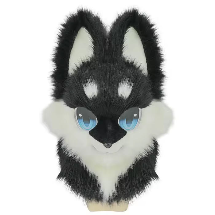Front view of the black and white canine costume head with blue eyes, on a display support.